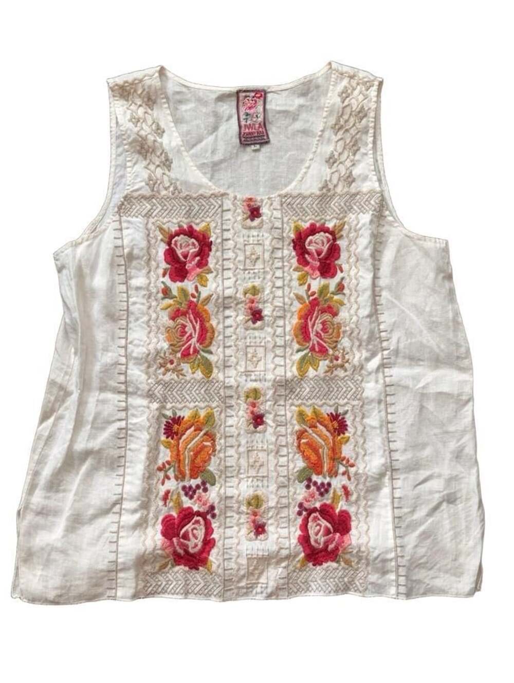 JWLA Johnny Was Embroidered Tank Top Size L White Floral Linen Sleeveless